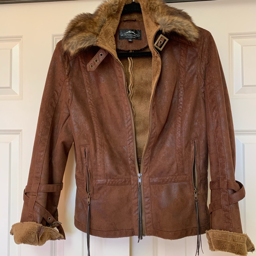 Women’s Brown Faux-Suede Faux-Fur Collar Jacket